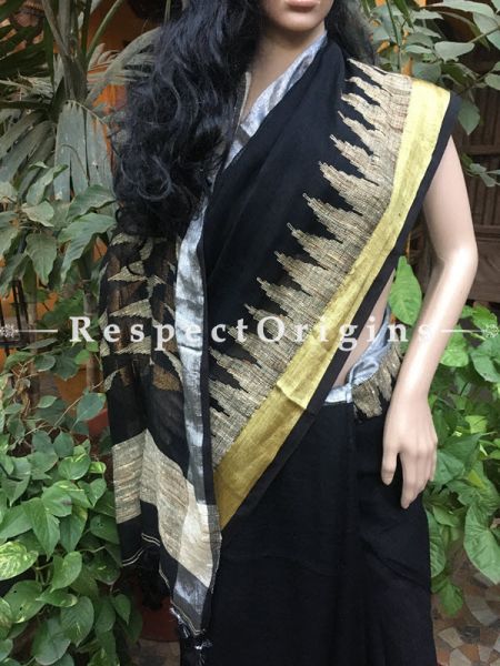 Buy Black Handloom Linen Saree; Grey Zari Temple Border; u602075863_New_db.com