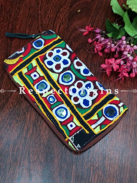 Exquisite Passport Holder Zipper Pouch Handcrafted with Tribal Mirrorwork; 8 X 4 Inches; u602075863_New_db.com