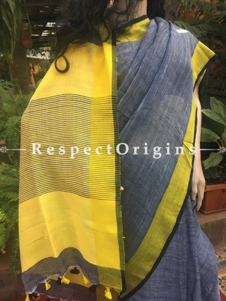 Classy Grey Linen Saree; Yellow Border, u602075863_New_db.com