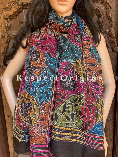 Colourful Black Kantha Embroidered Silk Stole, Scarf Gift; u602075863_New_db.com