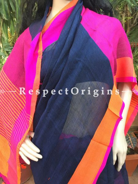 Contrast Blue Handloom Linen Saree; Pink and orange  Border, u602075863_New_db.com