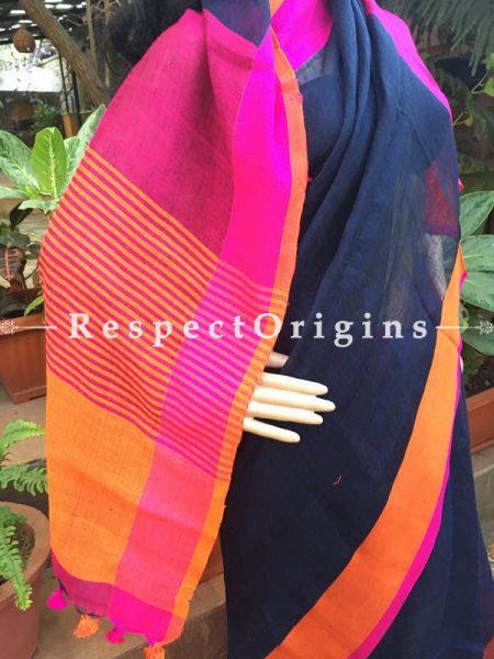 Contrast Blue Handloom Linen Saree; Pink and orange  Border, u602075863_New_db.com