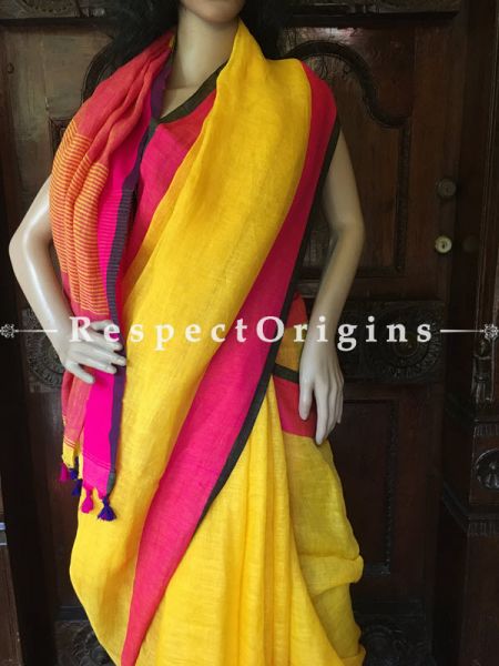 Contrast Handwoven Yellow Linen Saree; Pink and Blue Border, u602075863_New_db.com