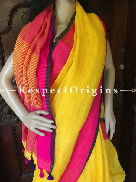 Contrast Handwoven Yellow Linen Saree; Pink and Blue Border, u602075863_New_db.com