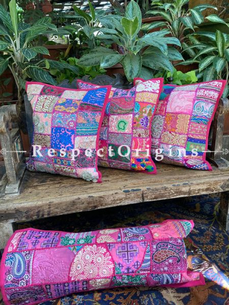 Kambadiya Embroidered Ethnic Throw n Lumbar Cushion cum Runner Gift Set; Hot Pink; com