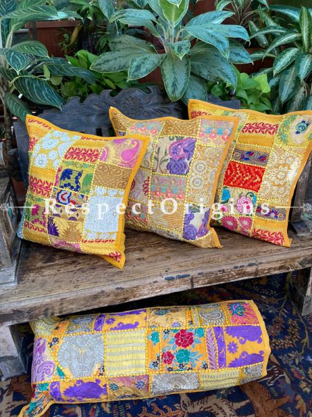 Kambadiya Embroidered Ethnic Throw n Lumbar Cushion cum Runner Gift Set; Honey Yellow; com