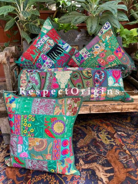Kambadiya Embroidered Ethnic Throw n Lumbar Cushion cum Runner Gift Set; Basil Green; com