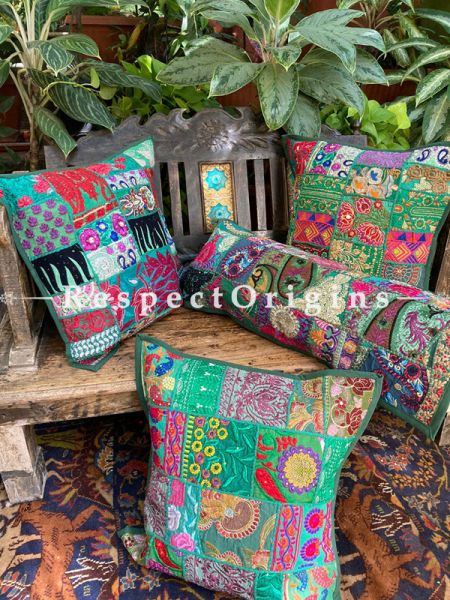 Kambadiya Embroidered Ethnic Throw n Lumbar Cushion cum Runner Gift Set; Basil Green; com