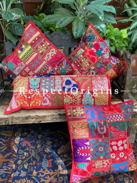 Kambadiya Embroidered Ethnic Throw n Lumbar Cushion cum Runner Gift Set; Red; com