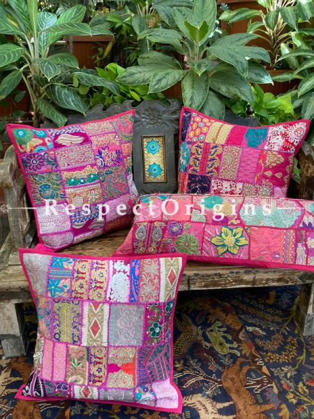 Kambadiya Embroidered Boho Throw n Lumbar Cushion cum Runner Gift Set; Hot Pink; com
