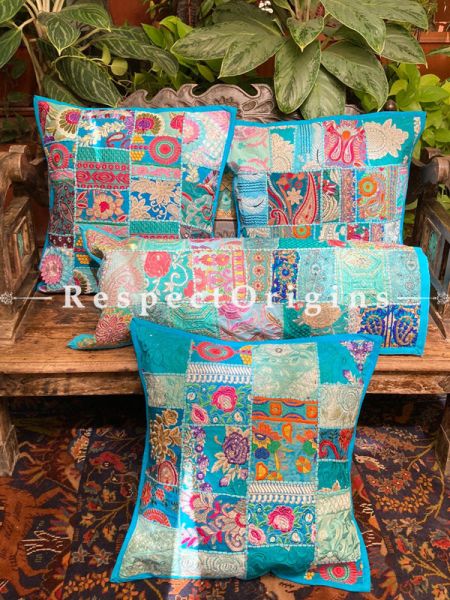 Kambadiya Embroidered Boho Throw n Lumbar Cushion cum Runner Gift Set; Sky Blue; com