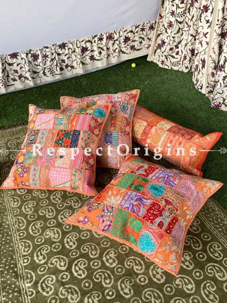 Kambadiya Embroidered Ethnic Throw n Floor Cushion cum Runner Gift Set; Orange; com