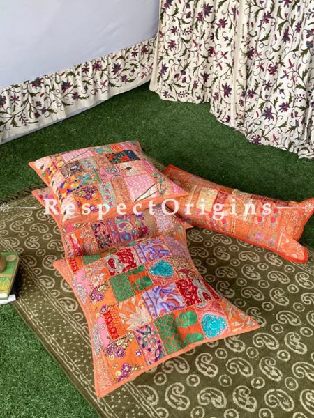Kambadiya Embroidered Ethnic Throw n Floor Cushion cum Runner Gift Set; Orange; com