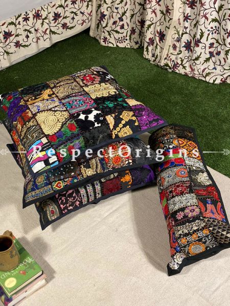 Kambadiya Embroidered Ethnic Throw n Floor Cushion cum Runner Gift Set; Black; com