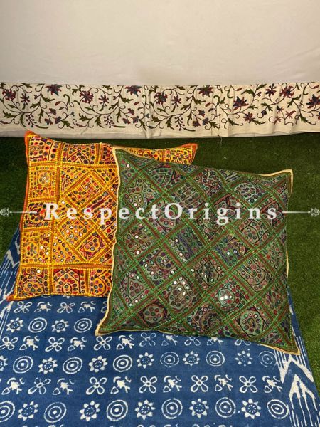 Boho Mustard & Green Coloured Mirror Work Throw n Floor Cushion Gift Set; Set of 2; com