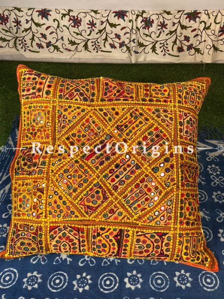 Boho Mustard & Green Coloured Mirror Work Throw n Floor Cushion Gift Set; Set of 2; com