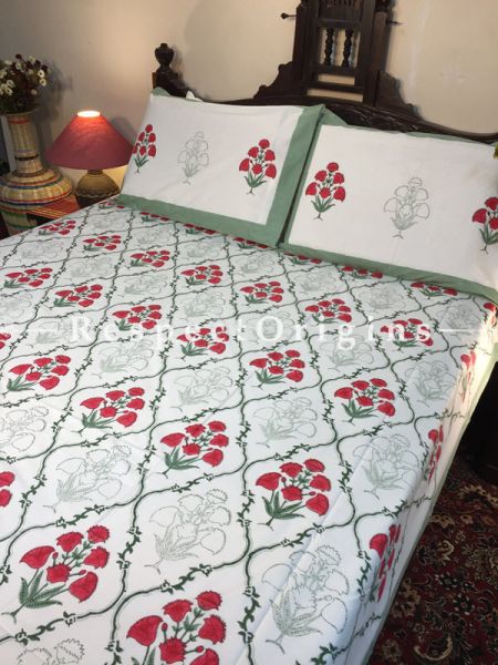 Audrey Block Printed High Quality Double Bed Spread 108x90 Inches, Two Pillow shams; 30x20 Inches; com