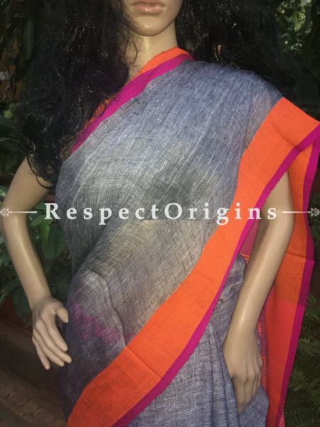 Exclusive Grey Handloom Linen Saree; orange and Pink Border, u602075863_New_db.com