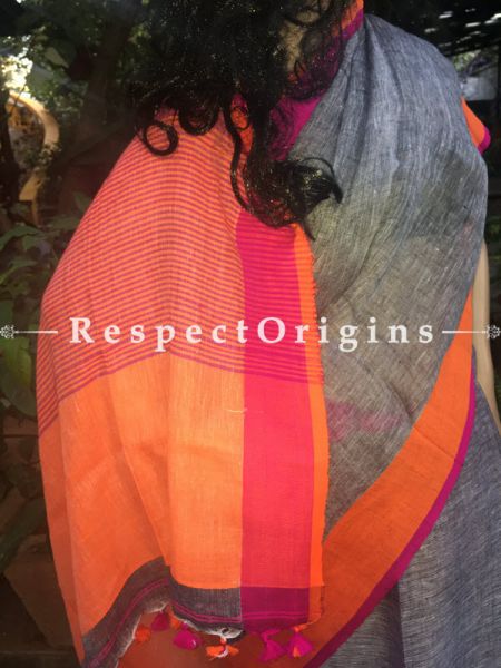 Exclusive Grey Handloom Linen Saree; orange and Pink Border, u602075863_New_db.com