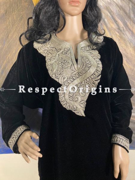 Luxurious Soft Velvet Black Kashmiri Pheran Top with Golden Tilla Embroidery; Free Size; com