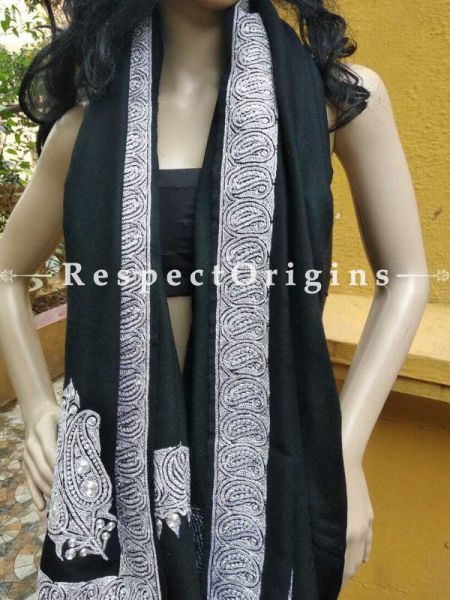 Buy Formal Black Pashmina Shawl Tilla Silver Embroidery, 80x36 in At RespectOriigns.com