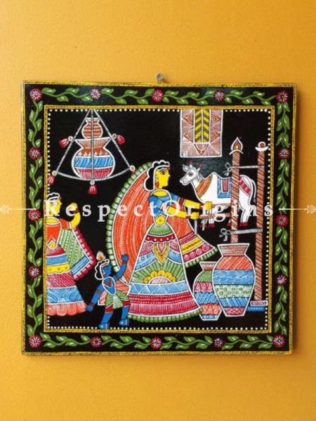 Buy God Krishna With Mother Yashoda; Square Tikuli Art Hand Painted Folk Wall Art; Cardboard; 12x12 in At u602075863_New_db.com