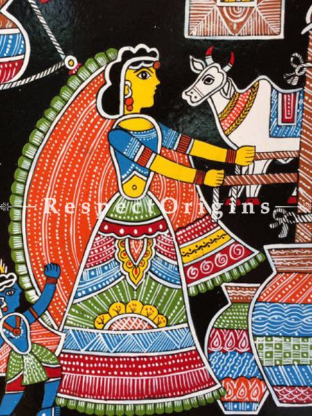 Buy God Krishna With Mother Yashoda; Square Tikuli Art Hand Painted Folk Wall Art; Cardboard; 12x12 in At u602075863_New_db.com