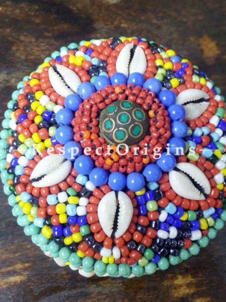 Green, blue and red Jewellery Box With Beads and Sea Shells; Ladakhi Beaded Container; u602075863_New_db.com