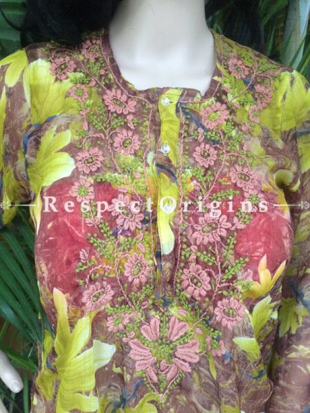 Green Gladiolus and Brown base Short Chiffon Kurti With Yellow And Grey Color Chikankari Embroidery; com