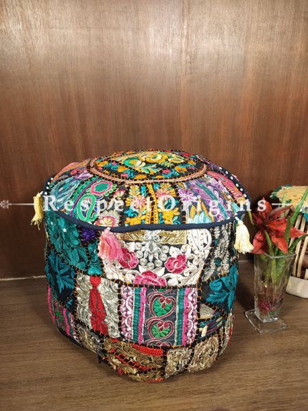 Black-edged Colourful Patchwork Ottoman Poof Cover; Cotton; 14 x 18 Inches; com