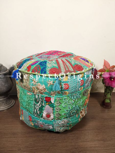 Green Patchwork Ottoman Poof Cover; Cotton; 14 x 18 Inches; com