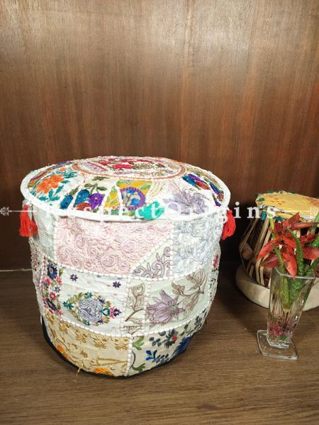 Funky Light Creamy-edged Patchwork Ottoman Poof Cover; Cotton; 14 x 18 Inches; com