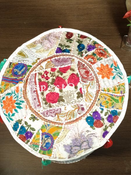 Funky Light Creamy-edged Patchwork Ottoman Poof Cover; Cotton; 14 x 18 Inches; com