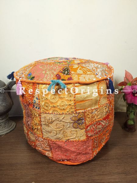 Orange Round Shape Gujarati Patchwork Ottoman Poof Cover; Cotton; 14 x 18 Inches; com