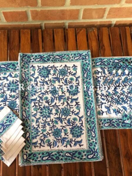 Buy Hand Block Printed Thick Floral Design Cotton Washable Table Mat Set with Runner and Coasters; Blue & Green On White Base At com