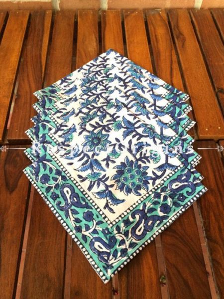 Buy Hand Block Printed Thick Floral Design Cotton Washable Table Mat Set with Runner and Coasters; Blue & Green On White Base At com