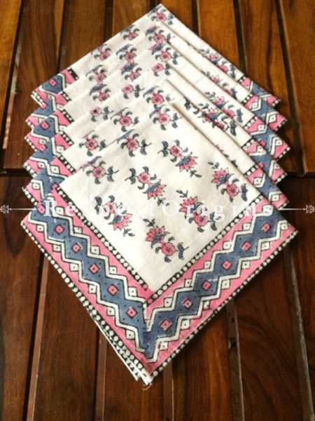 Buy Hand Block Printed Thick Floral Design Cotton Washable Table Mat Set with Runner and Coasters; Blue & Pink on White Base At com