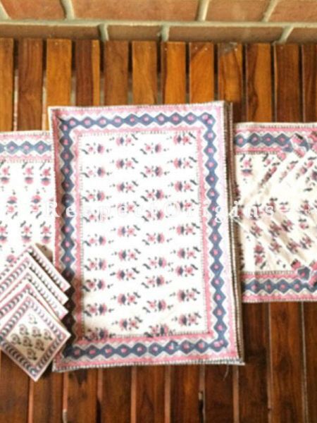Buy Hand Block Printed Thick Floral Design Cotton Washable Table Mat Set with Runner and Coasters; Blue & Pink on White Base At com
