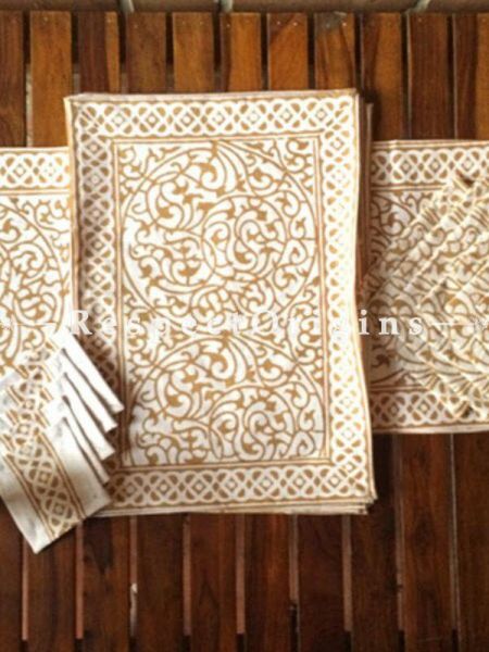 Buy Hand Block Printed Thick Floral Design Cotton Washable Table Mat Set with Runner and Coasters; Brown on White Base At com