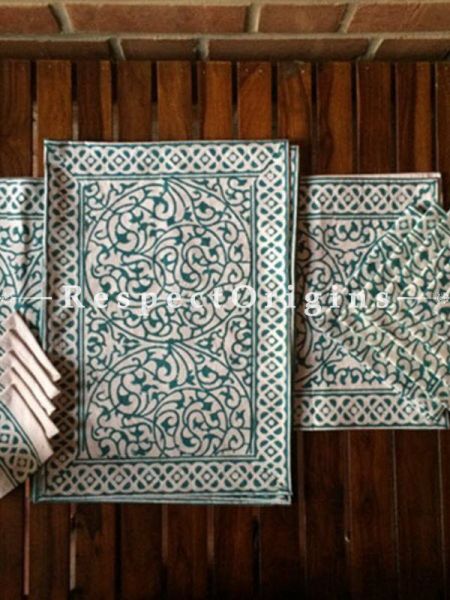 Buy Hand Block Printed Thick Floral Design Cotton Washable Table Mat Set with Runner and Coasters; Green on White Base At com
