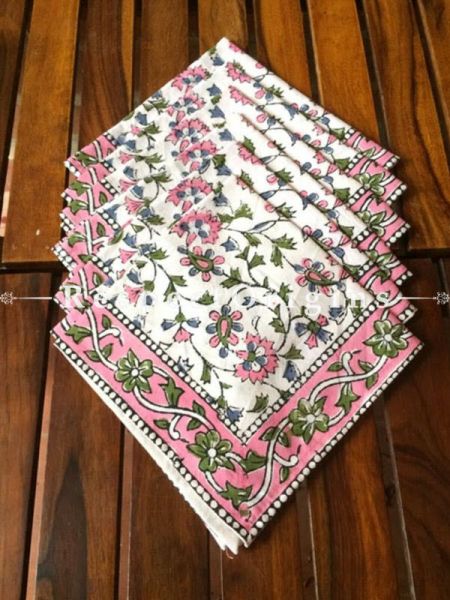 Buy Hand Block Printed Thick Floral Design Cotton Washable Table Mat Set with Runner and Coasters; Pink & Green on White Base At com
