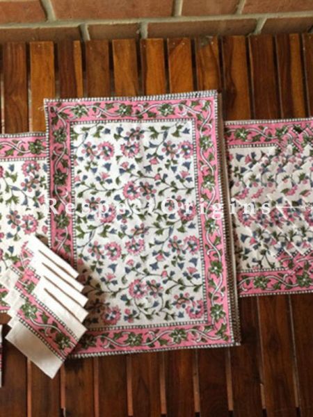 Buy Hand Block Printed Thick Floral Design Cotton Washable Table Mat Set with Runner and Coasters; Pink & Green on White Base At com