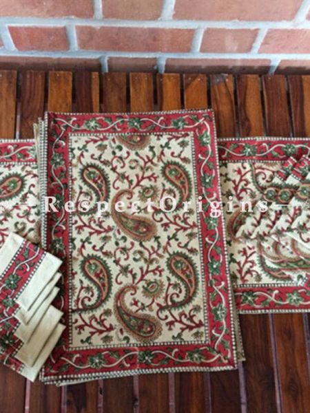 Buy Hand Block Printed Thick Floral Design Cotton Washable Table Mat Set with Runner and Coasters; Red & Green On Beige Base At com