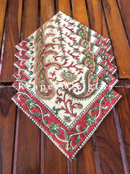 Buy Hand Block Printed Thick Floral Design Cotton Washable Table Mat Set with Runner and Coasters; Red & Green On Beige Base At com