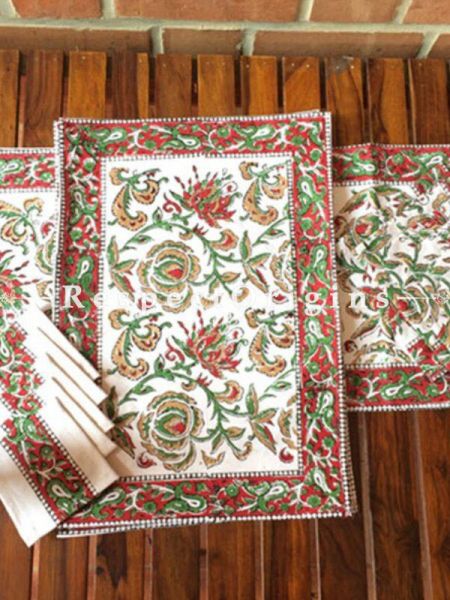 Buy Hand Block Printed Thick Floral Design Cotton Washable Table Mat Set with Runner and Coasters; Red & Green On White Base At com