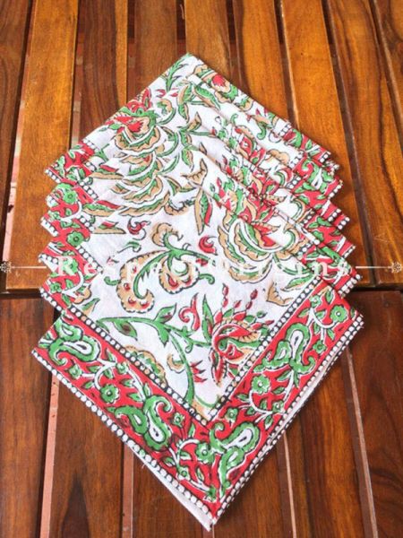 Buy Hand Block Printed Thick Floral Design Cotton Washable Table Mat Set with Runner and Coasters; Red & Green On White Base At com