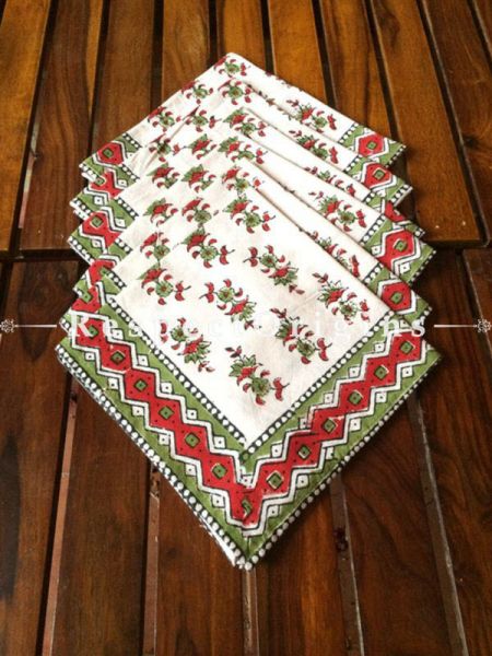 Buy Hand Block Printed Thick Floral Design Cotton Washable Table Mat Set with Runner and Coasters; Red & Green on White Base At com