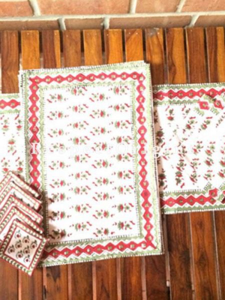Buy Hand Block Printed Thick Floral Design Cotton Washable Table Mat Set with Runner and Coasters; Red & Green on White Base At com