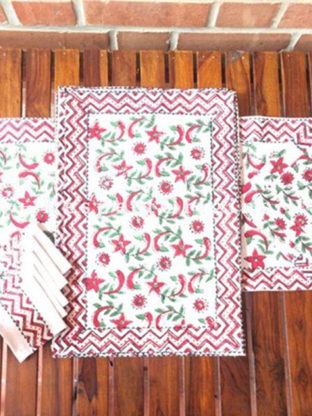 Buy Hand Block Printed Thick Floral Design Cotton Washable Table Mat Set with Runner and Coasters; Red & Green On White Base At com