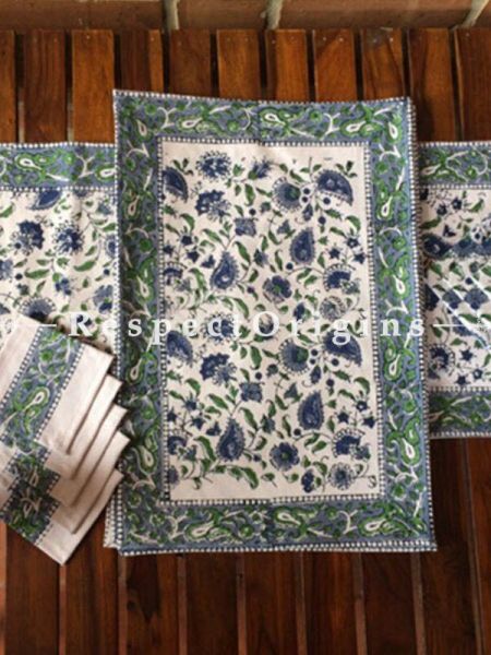 Buy Hand Block Printed Thick Floral Design Cotton Washable Table Mat Set with Runner and Coasters; Blue & Green On Beige Base At com